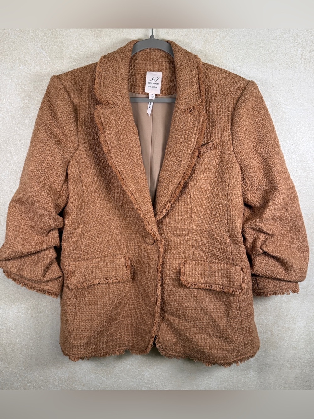 cinq a sept Tan Tweed Frayed-Trim Blazer 12 khloe